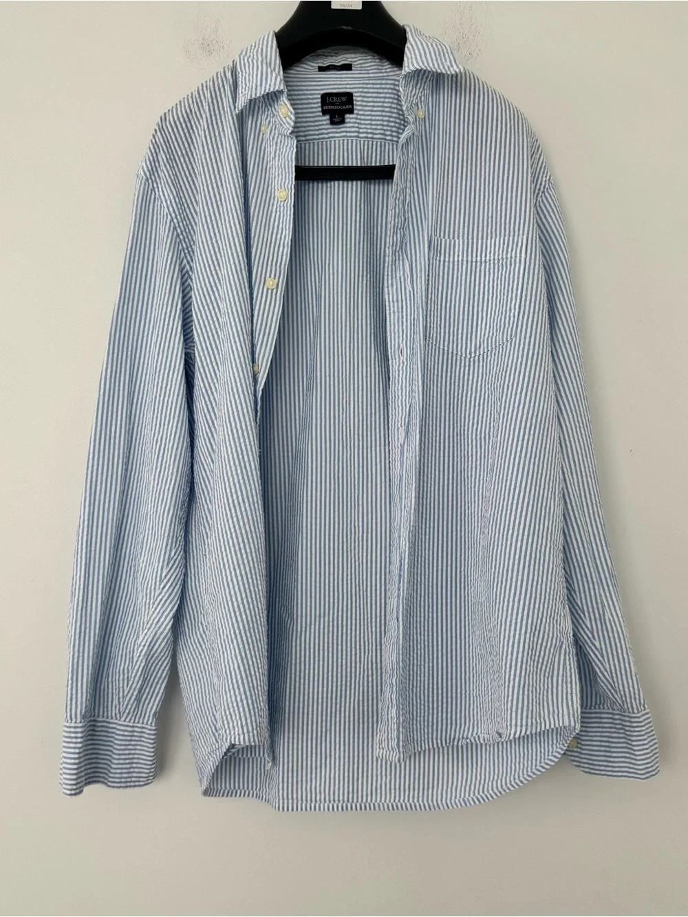J.Crew Seersucker Slim Button Down Shirt Mens L Blue White Striped Long Sleeve